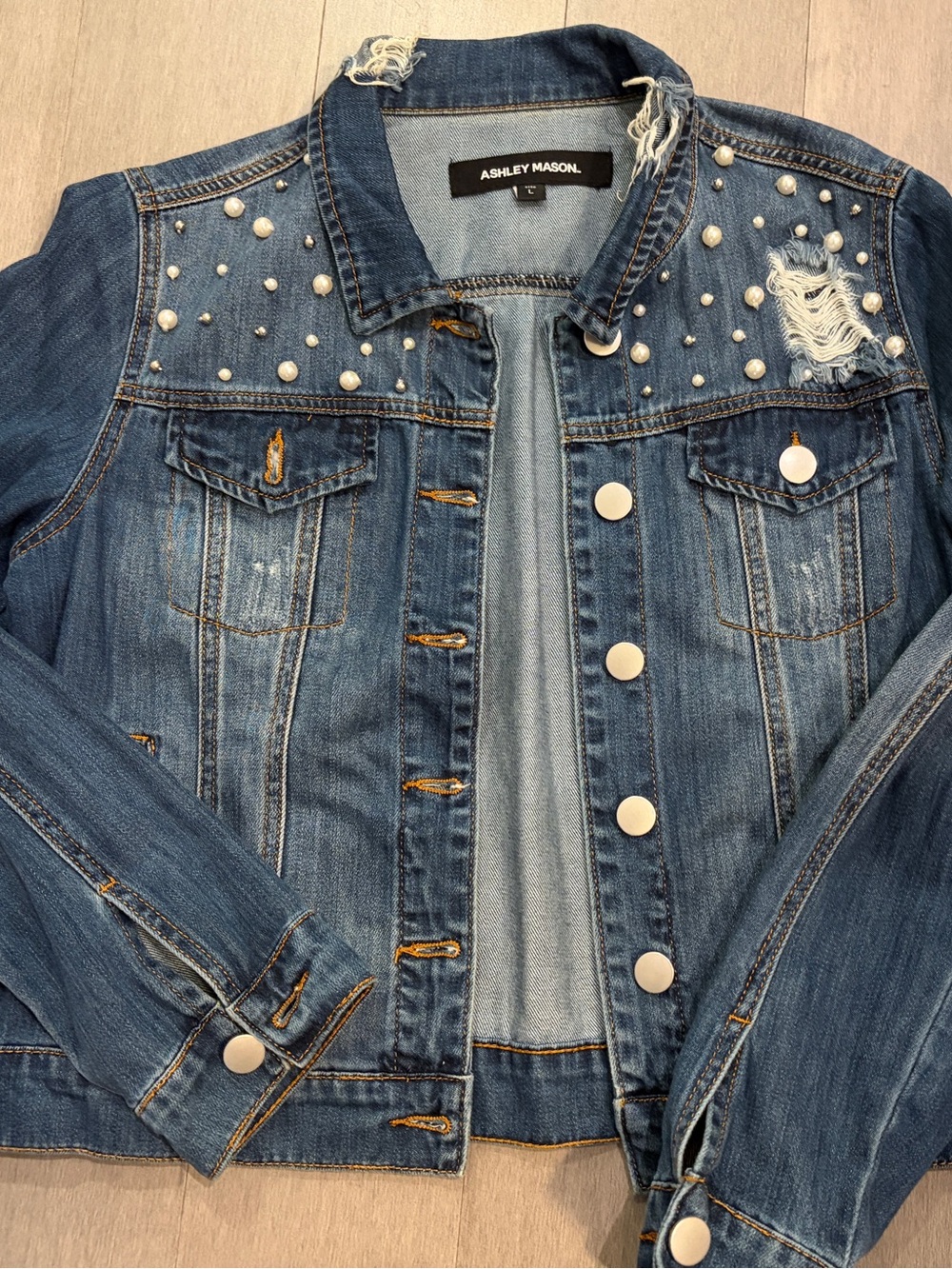 Ashley Mason Blue Denim Jacket with Pearl Studs